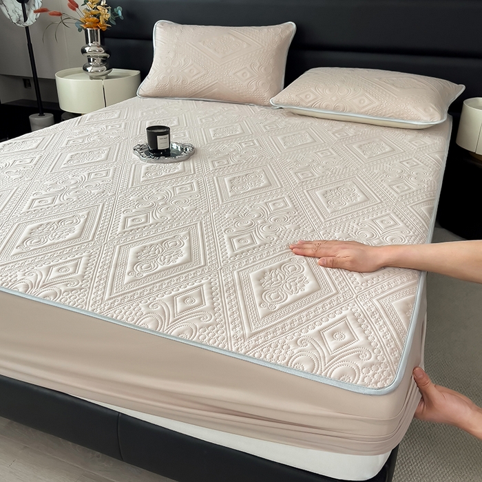 91家纺网 家纺一手货源 找家纺 世纪绒品 2025新款A类凉感压花单床笠单夏被 甜梦卡其-单夏被