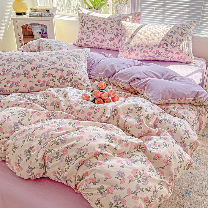 91家纺网 家纺一手货源 找家纺 2025新款水洗云朵糯糯棉简约风ins风小碎花被套床单款床笠款三四件套 花开满树