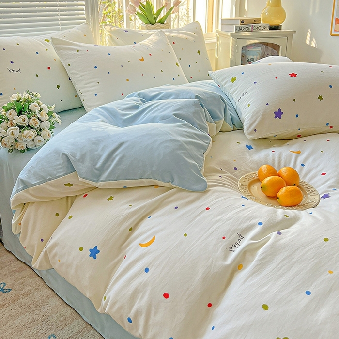 91家纺网 家纺一手货源 找家纺 2025新款水洗云朵糯糯棉简约风ins风小碎花被套床单款床笠款三四件套 星月