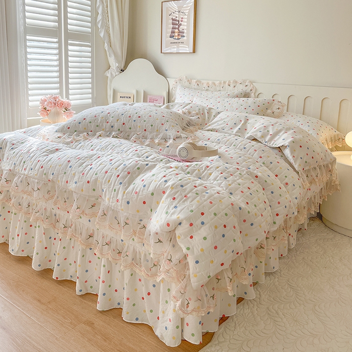 91家纺网 家纺一手货源 找家纺 网红馆 2025新款水洗棉印花床盖四件套 奶油波点