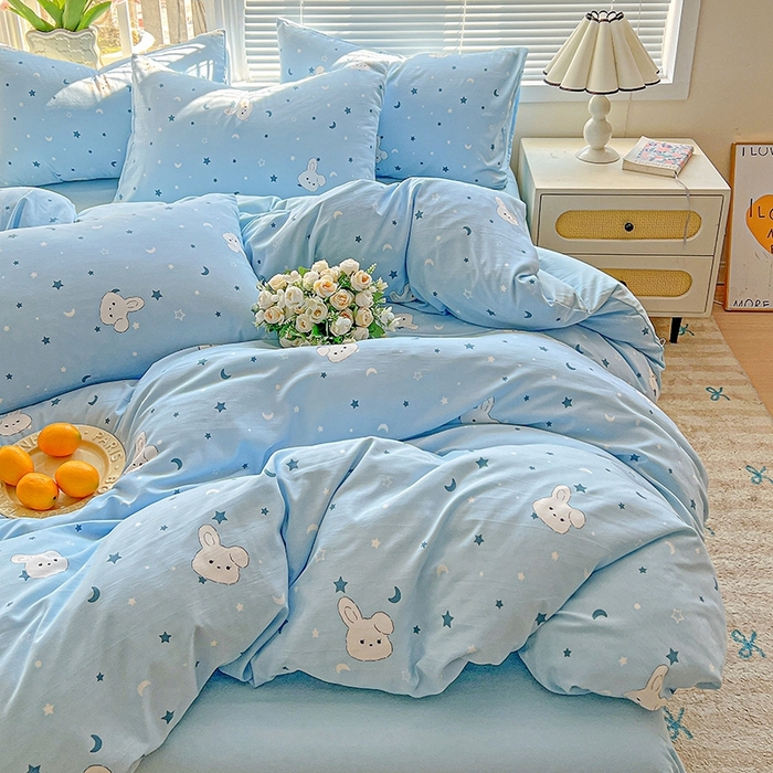 91家纺网 家纺一手货源 找家纺 2025水洗棉双层纱简约风ins风小碎花被套床单款床笠款三四件套-单被套 星空兔