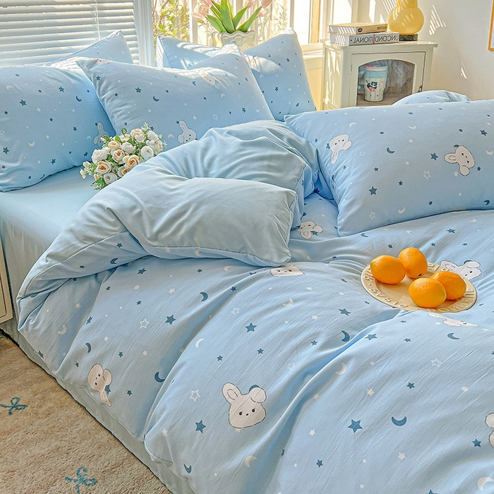 91家纺网 家纺一手货源 找家纺 2025新款水洗云朵糯糯棉简约风ins风小碎花被套床单款床笠款三四件套 星空兔