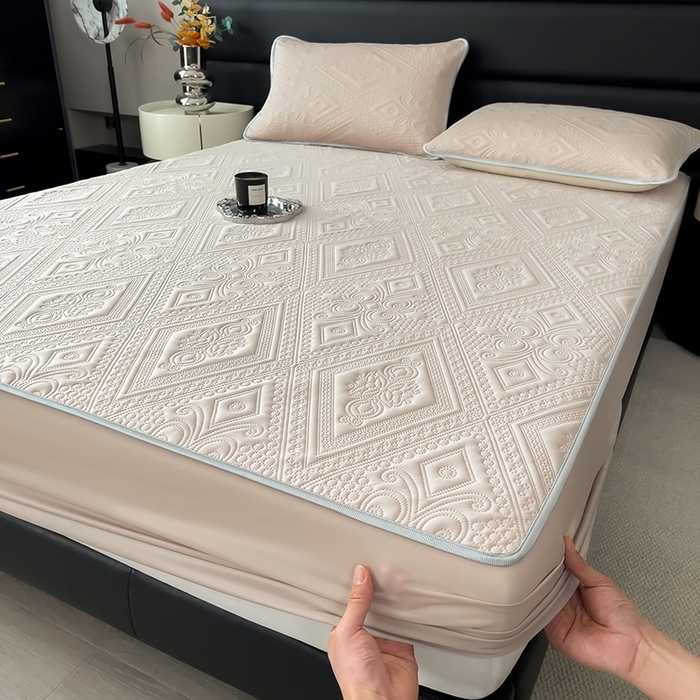 91家纺网 家纺一手货源 找家纺 世纪绒品 2025新款A类凉感压花单床笠单夏被 甜梦卡其-单夏被