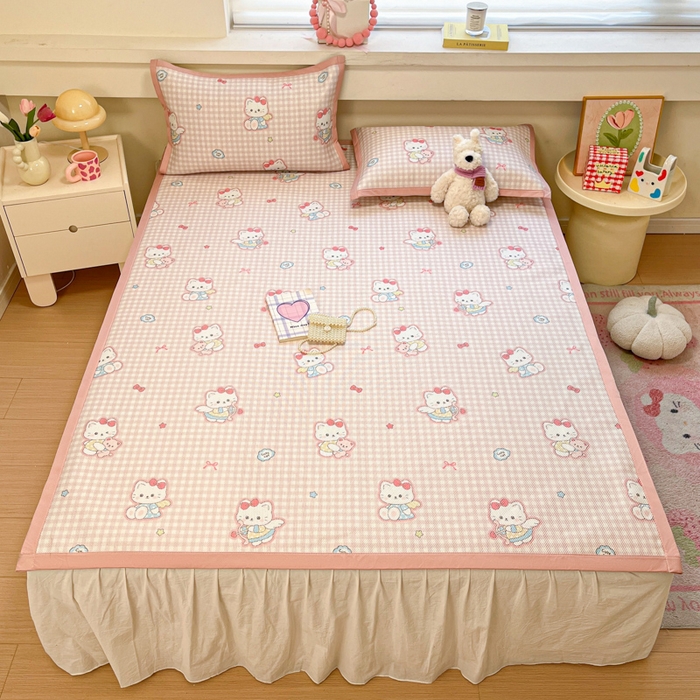 91家纺网 家纺一手货源 找家纺 慕澄家纺 2025新款小清新印花真冰藤系列凉席床席款 床席-粉格猫咪