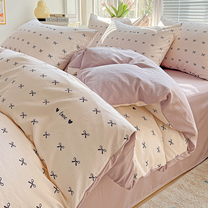 91家纺网 家纺一手货源 找家纺 2025水洗棉双层纱简约风ins风小碎花被套床单款床笠款三四件套-单被套 蝴蝶结