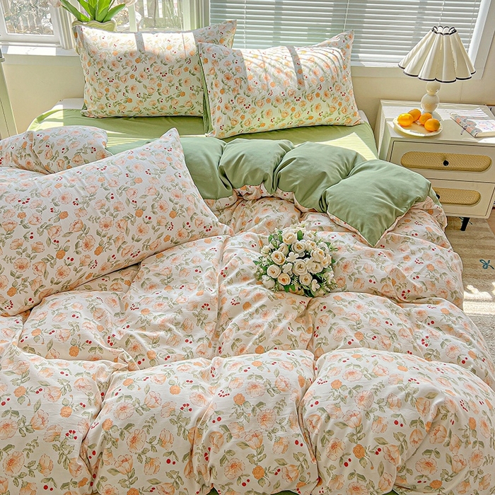 91家纺网 家纺一手货源 找家纺 2025水洗棉双层纱简约风ins风小碎花被套床单款床笠款三四件套-单被套 热恋