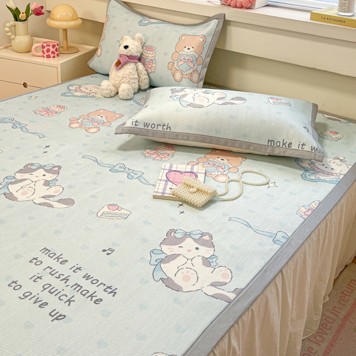 91家纺网 家纺一手货源 找家纺 慕澄家纺 2025新款小清新印花真冰藤系列凉席床席款 床席-害羞喵