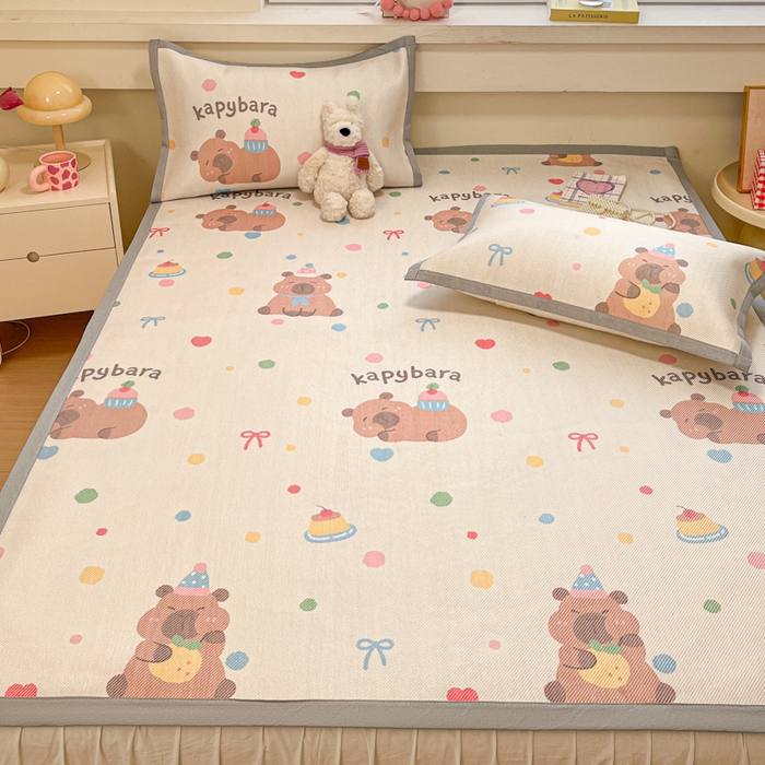 91家纺网 家纺一手货源 找家纺 慕澄家纺 2025新款小清新印花真冰藤系列凉席床席款 床席-卡皮巴拉