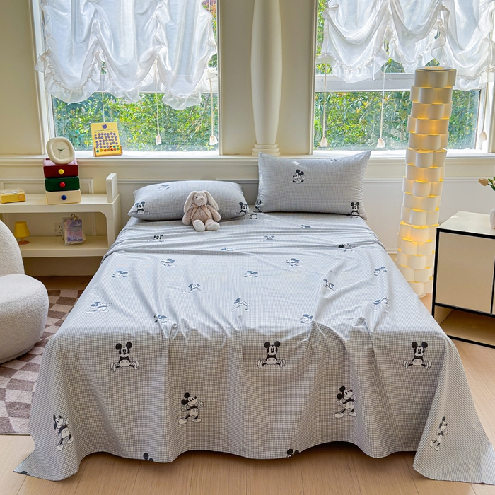 91家纺网 家纺一手货源 找家纺 2025新款全棉床单床笠 灰格米奇 床单款