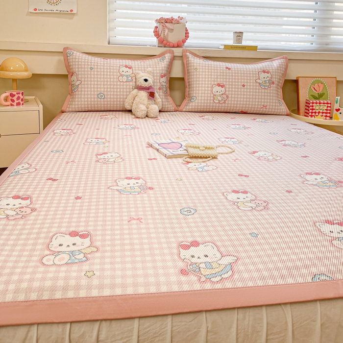 91家纺网 家纺一手货源 找家纺 慕澄家纺 2025新款小清新印花真冰藤系列凉席床席款 床席-粉格猫咪