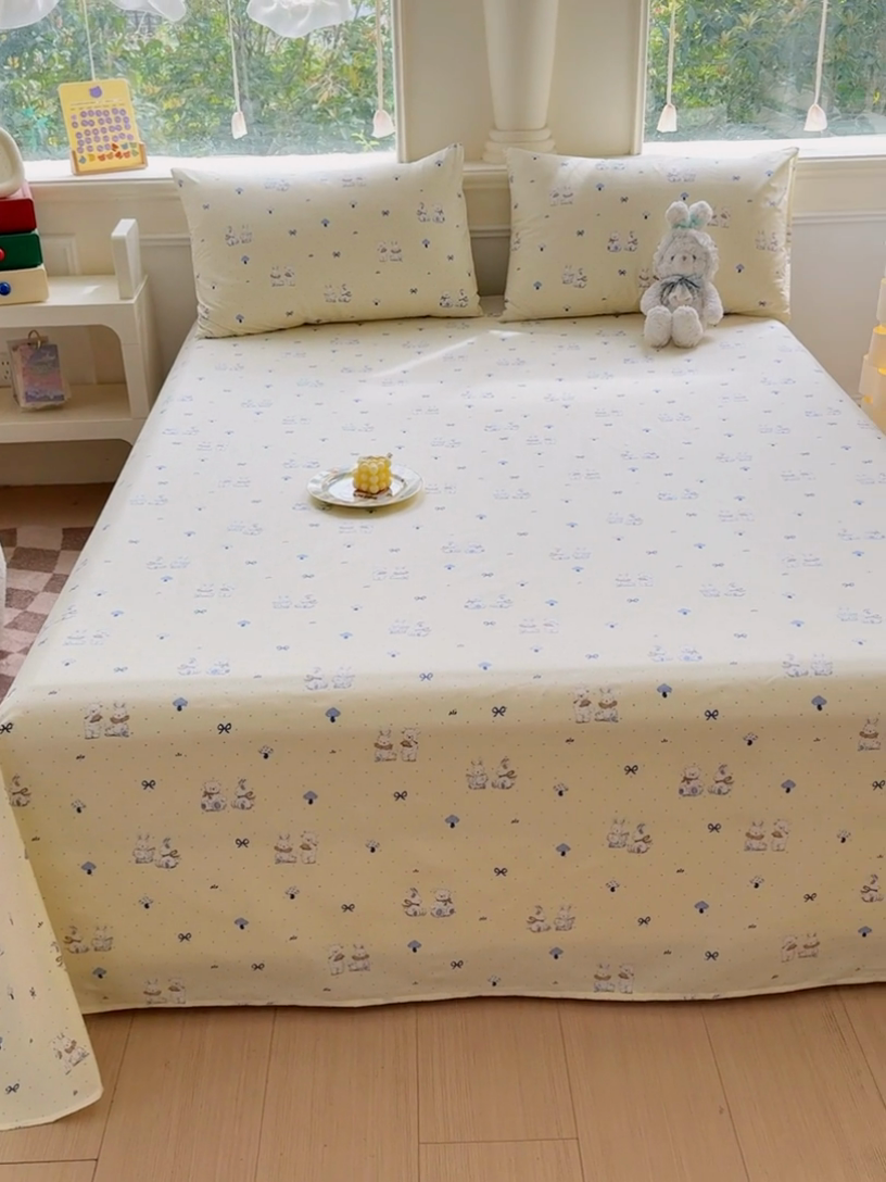 91家纺网 家纺一手货源 找家纺 2025新款全棉床单床笠 熊护萌兔 床单款