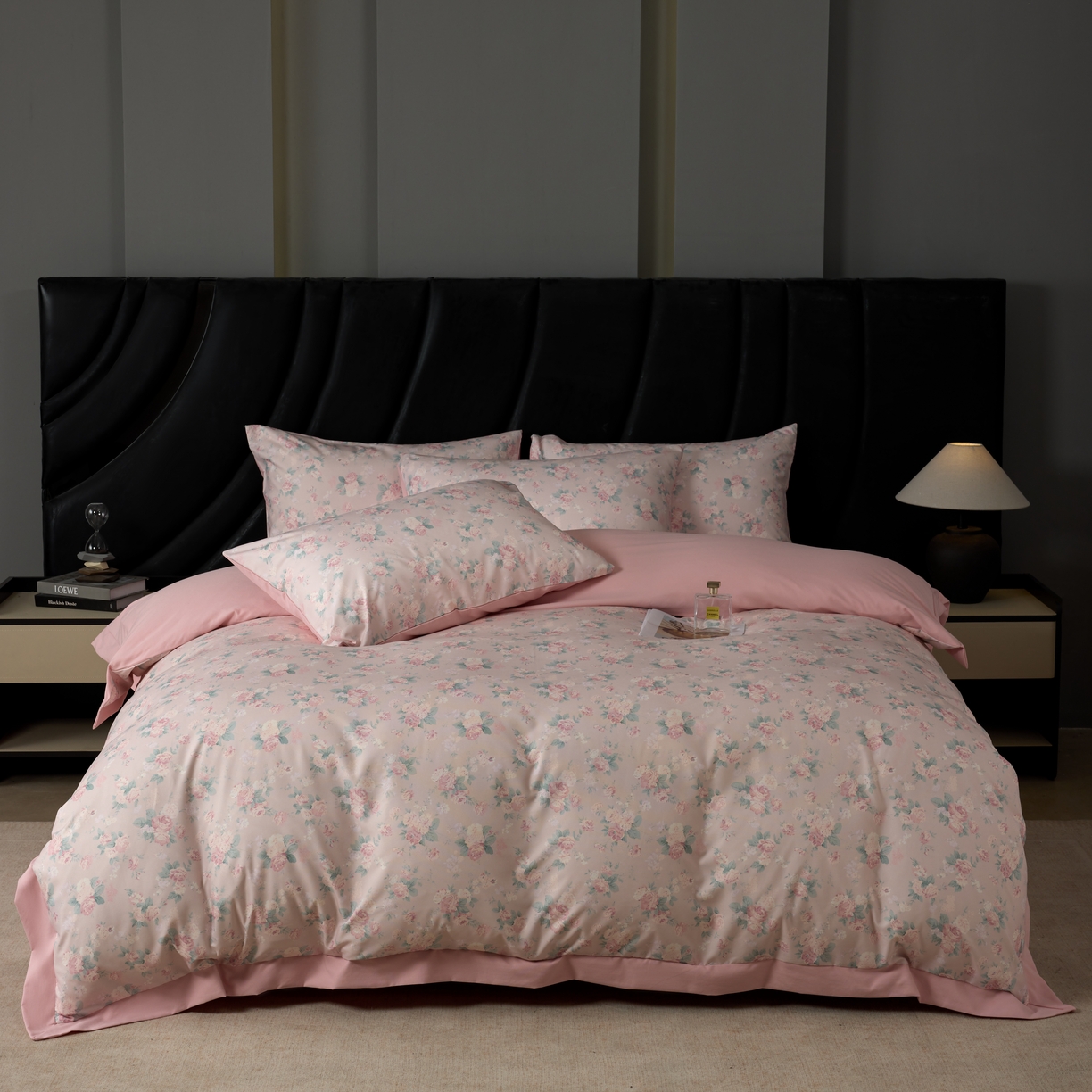 91家纺网 家纺一手货源 找家纺 丽卡家纺 2025新款数码印花有氧双层纱四件套 典雅粉