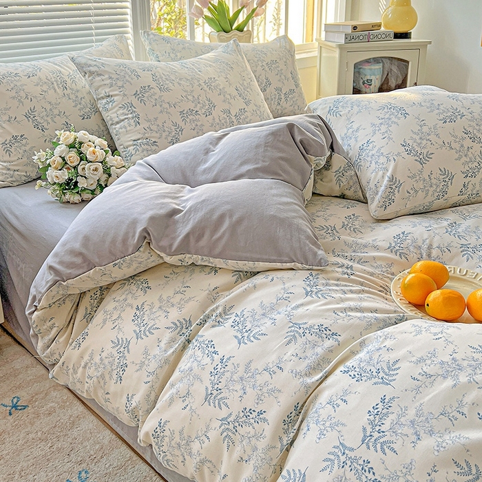 91家纺网 家纺一手货源 找家纺 2025水洗棉双层纱简约风ins风小碎花被套床单款床笠款三四件套-单被套 蓝颜