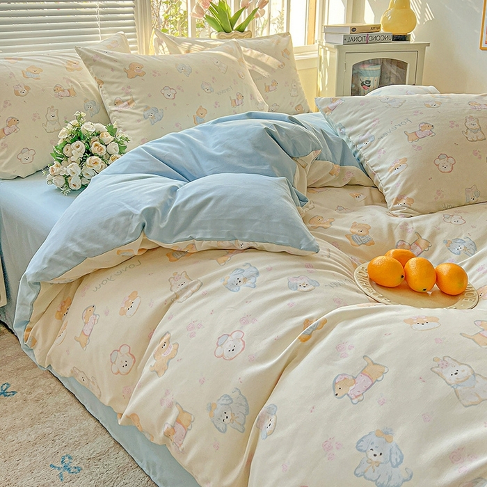 91家纺网 家纺一手货源 找家纺 2025新款水洗云朵糯糯棉简约风ins风小碎花被套床单款床笠款三四件套 萌宠