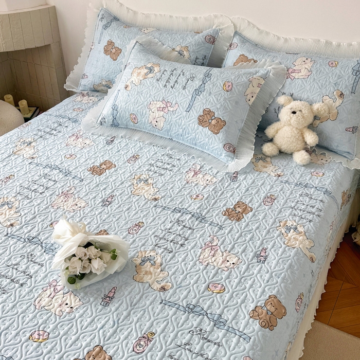 91家纺网 家纺一手货源 找家纺 添越 2024小清新韩版蕾丝花边纯棉夹棉床盖三件套全棉