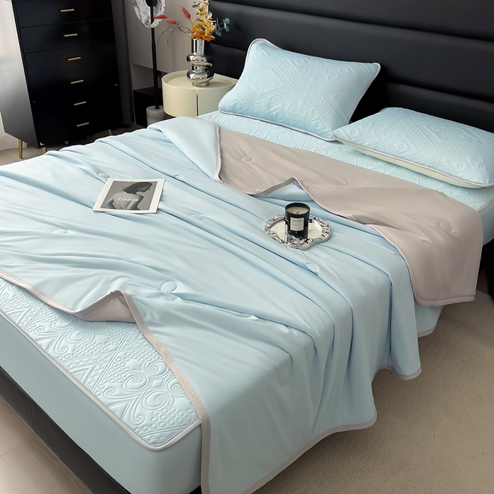 91家纺网 家纺一手货源 找家纺 世纪绒品 2025新款A类凉感压花单床笠单夏被 云朵浅蓝-单床笠