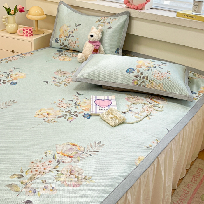 91家纺网 家纺一手货源 找家纺 慕澄家纺 2025新款小清新印花真冰藤系列凉席床席款 床席-陌上花开