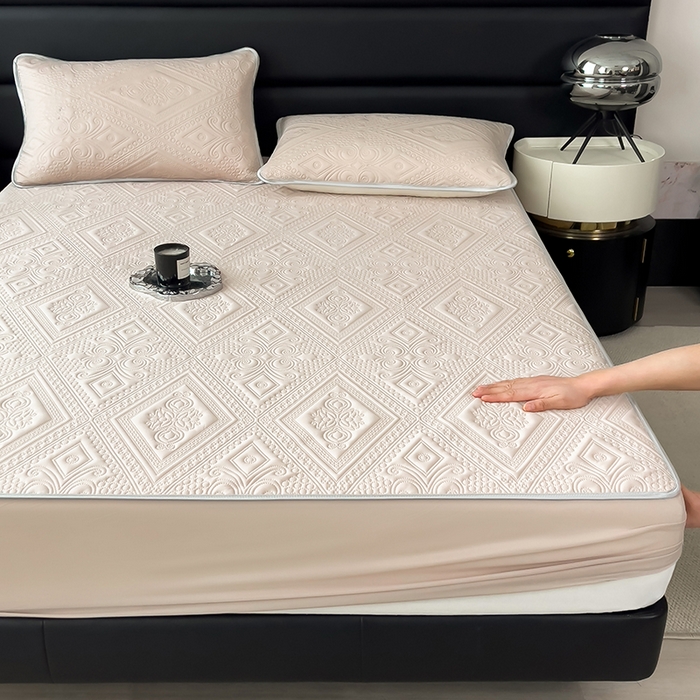 91家纺网 家纺一手货源 找家纺 世纪绒品 2025新款A类凉感压花单床笠单夏被 甜梦卡其-单夏被