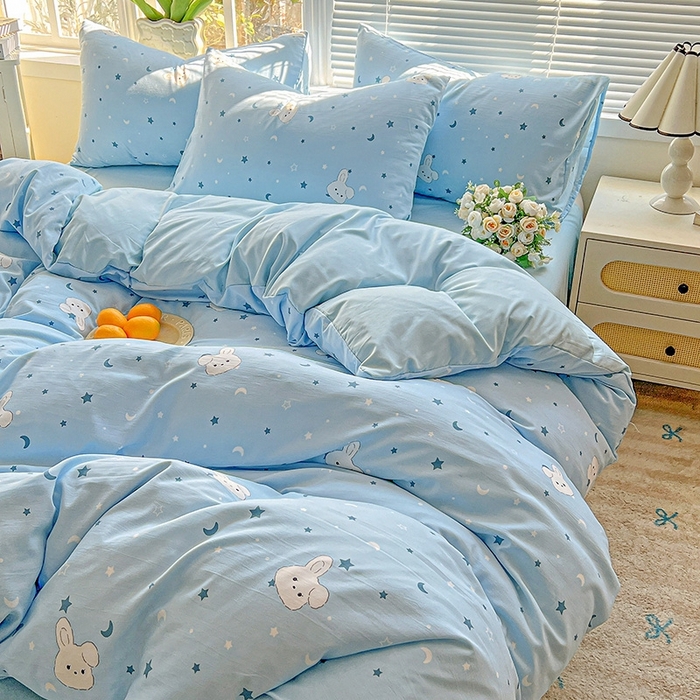 91家纺网 家纺一手货源 找家纺 2025水洗棉双层纱简约风ins风小碎花被套床单款床笠款三四件套-单被套 星空兔