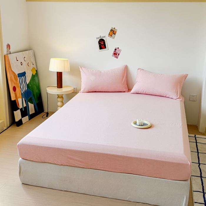 91家纺网 家纺一手货源 找家纺 2025新款全棉色织水洗棉床单床笠 嫩粉 床笠款