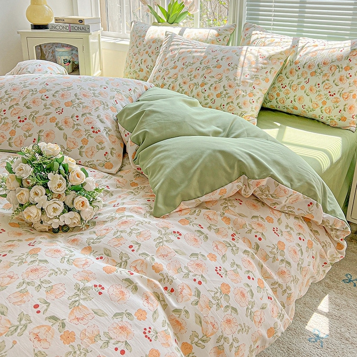 91家纺网 家纺一手货源 找家纺 2025水洗棉双层纱简约风ins风小碎花被套床单款床笠款三四件套-单被套 热恋