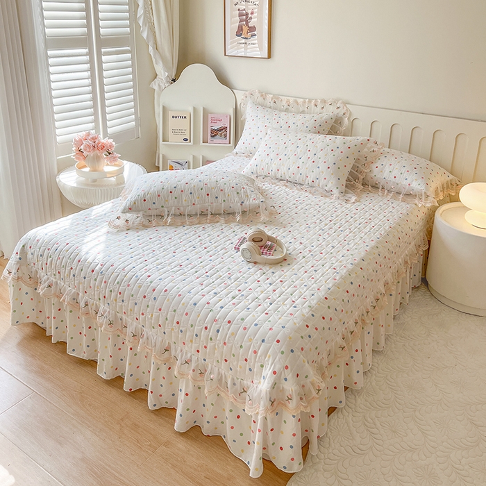 91家纺网 家纺一手货源 找家纺 网红馆 2025新款水洗棉印花床盖四件套 奶油波点