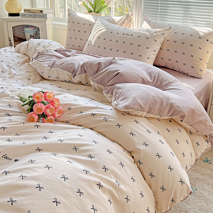 91家纺网 家纺一手货源 找家纺 2025水洗棉双层纱简约风ins风小碎花被套床单款床笠款三四件套-单被套 蝴蝶结