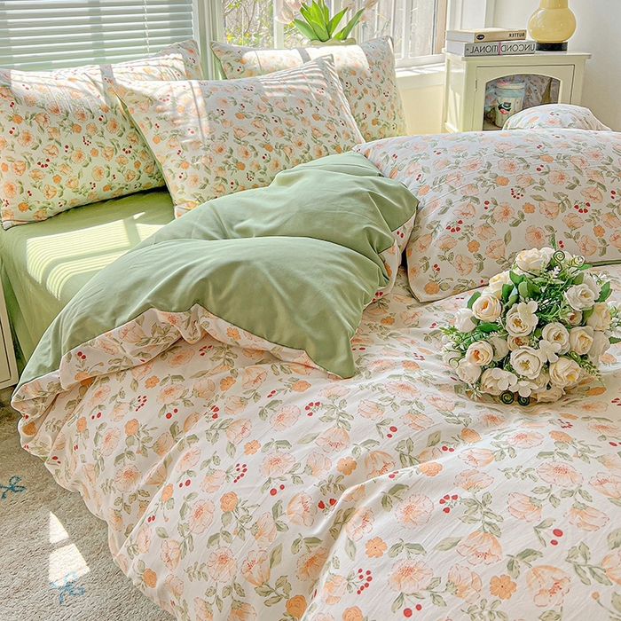 91家纺网 家纺一手货源 找家纺 2025水洗棉双层纱简约风ins风小碎花被套床单款床笠款三四件套-单被套 热恋