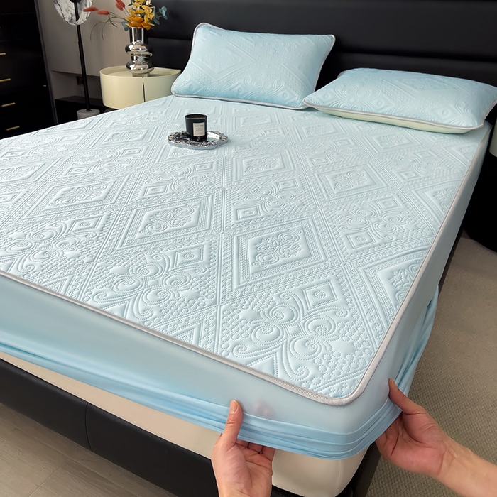 91家纺网 家纺一手货源 找家纺 世纪绒品 2025新款A类凉感压花单床笠单夏被 云朵浅蓝-单床笠