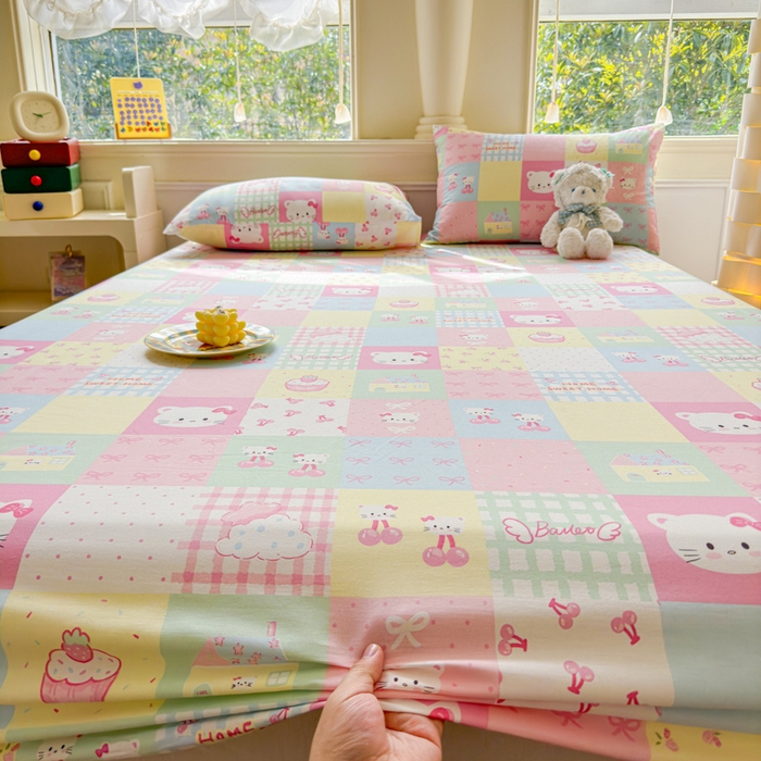 91家纺网 家纺一手货源 找家纺 2025新款全棉床单床笠 格子猫咪 床笠款