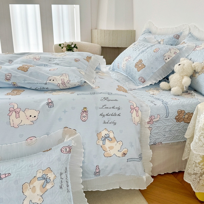 91家纺网 家纺一手货源 找家纺 添越 2024小清新韩版蕾丝花边纯棉夹棉床盖三件套全棉