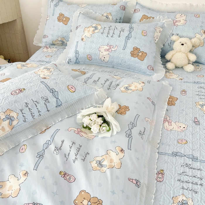 91家纺网 家纺一手货源 找家纺 添越 2024小清新韩版蕾丝花边纯棉夹棉床盖三件套全棉