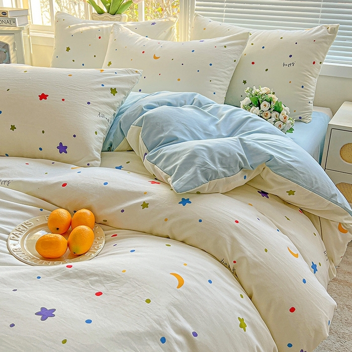 91家纺网 家纺一手货源 找家纺 2025水洗棉双层纱简约风ins风小碎花被套床单款床笠款三四件套-单被套 星月