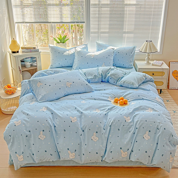 91家纺网 家纺一手货源 找家纺 2025新款水洗云朵糯糯棉简约风ins风小碎花被套床单款床笠款三四件套 星空兔