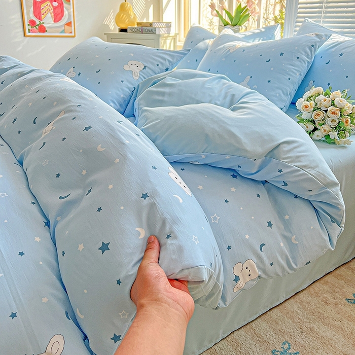 91家纺网 家纺一手货源 找家纺 2025水洗棉双层纱简约风ins风小碎花被套床单款床笠款三四件套-单被套 星空兔