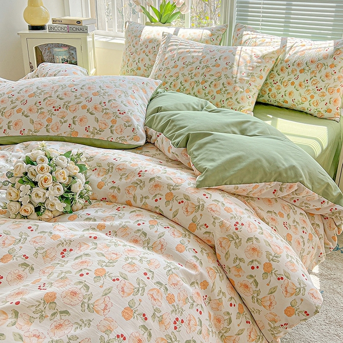 91家纺网 家纺一手货源 找家纺 2025水洗棉双层纱简约风ins风小碎花被套床单款床笠款三四件套-单被套 热恋