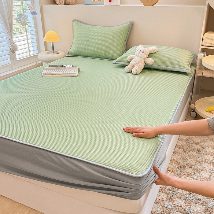 91家纺网 家纺一手货源 找家纺 金盛纺 2025新款冰豆豆凉席-床笠款 华夫格-绿