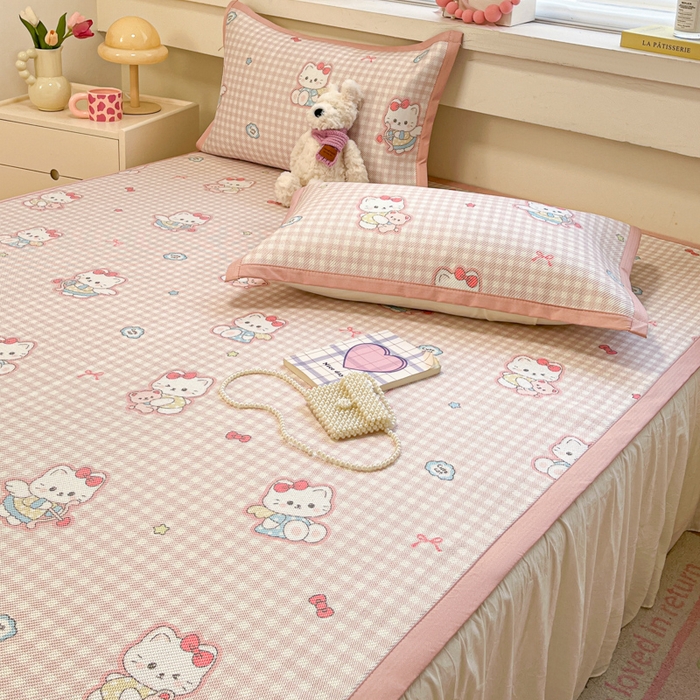 91家纺网 家纺一手货源 找家纺 慕澄家纺 2025新款小清新印花真冰藤系列凉席床席款 床席-粉格猫咪