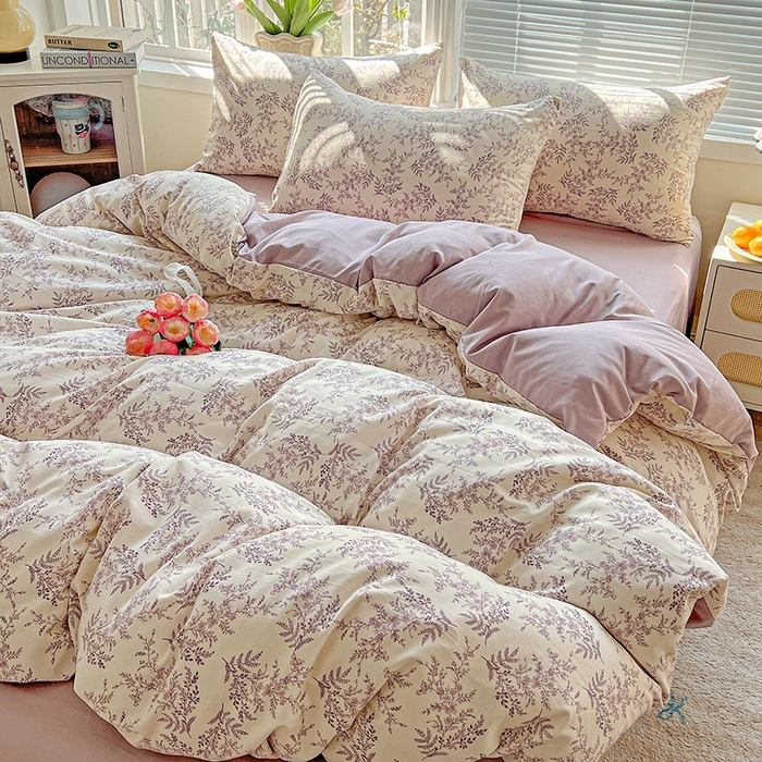 91家纺网 家纺一手货源 找家纺 2025水洗棉双层纱简约风ins风小碎花被套床单款床笠款三四件套-单被套 紫颜