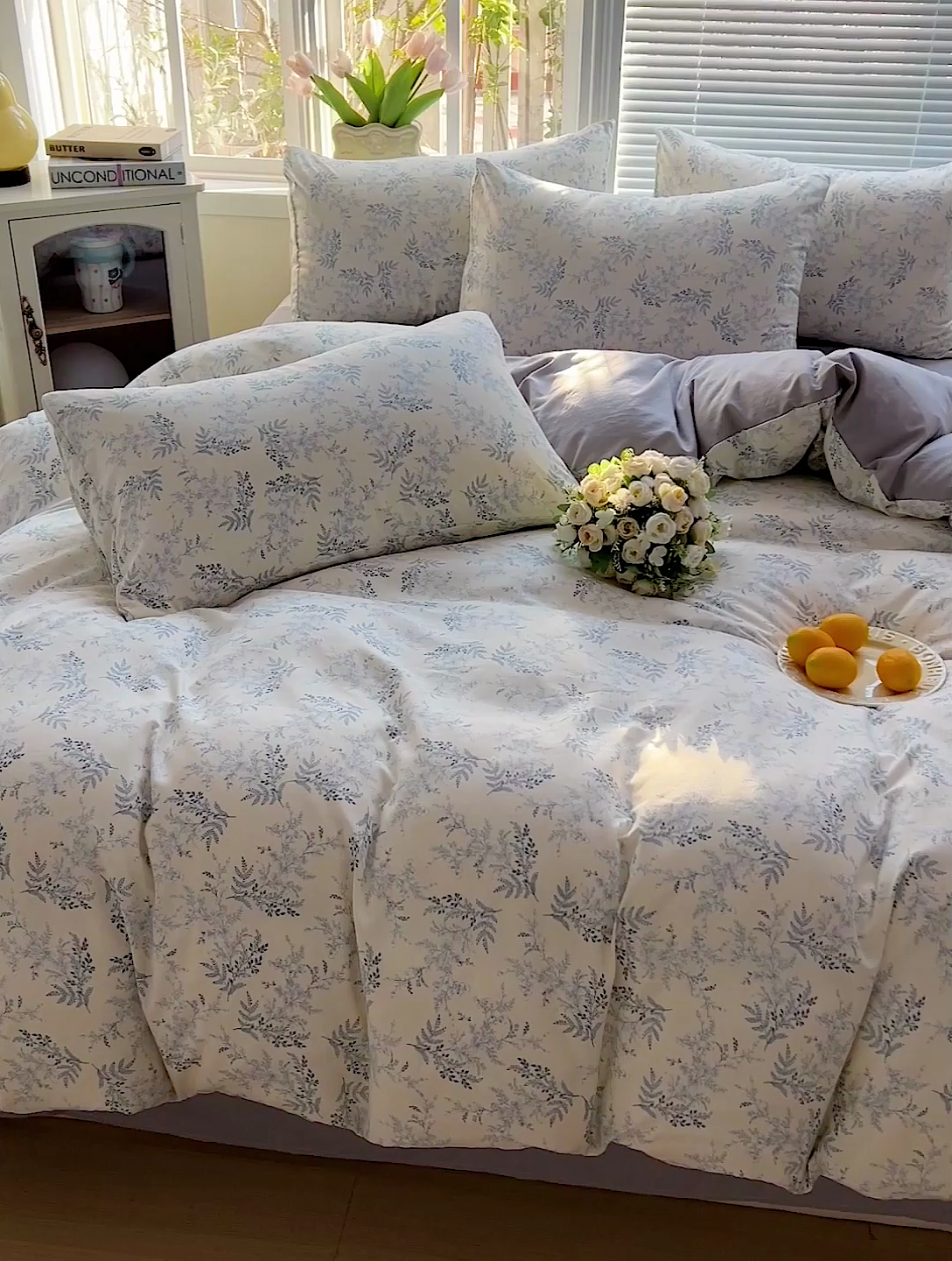 91家纺网 家纺一手货源 找家纺 2025水洗棉双层纱简约风ins风小碎花被套床单款床笠款三四件套-单被套 蓝颜