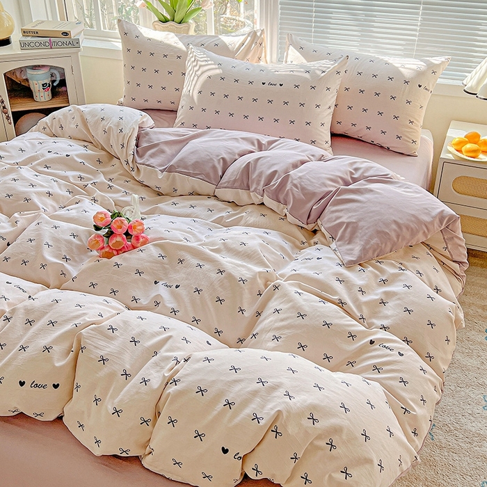 91家纺网 家纺一手货源 找家纺 2025新款水洗云朵糯糯棉简约风ins风小碎花被套床单款床笠款三四件套 蝴蝶结