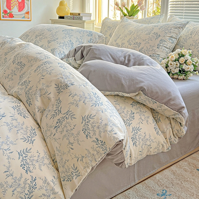 91家纺网 家纺一手货源 找家纺 2025水洗棉双层纱简约风ins风小碎花被套床单款床笠款三四件套-单被套 蓝颜