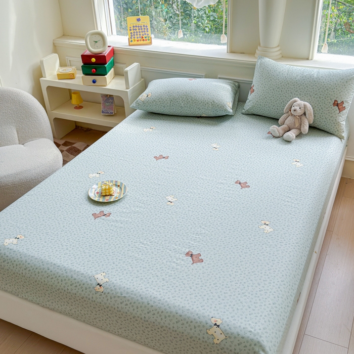 91家纺网 家纺一手货源 找家纺 2025新款全棉床单床笠 点点小狗 床笠款