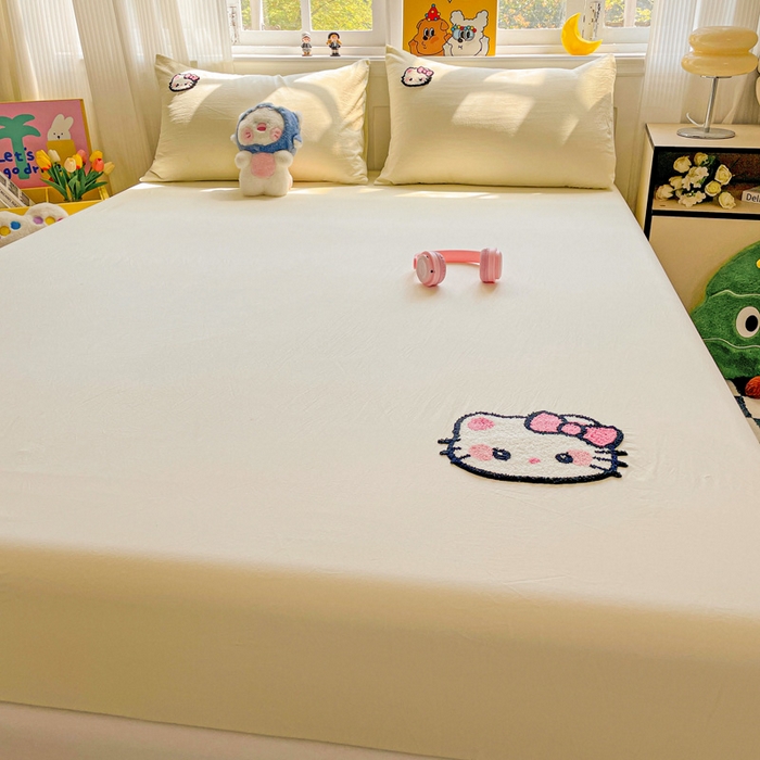 91家纺网 家纺一手货源 找家纺 海岛哥哥 2025春夏新款卡通毛巾绣床笠 粉红小喵-黄