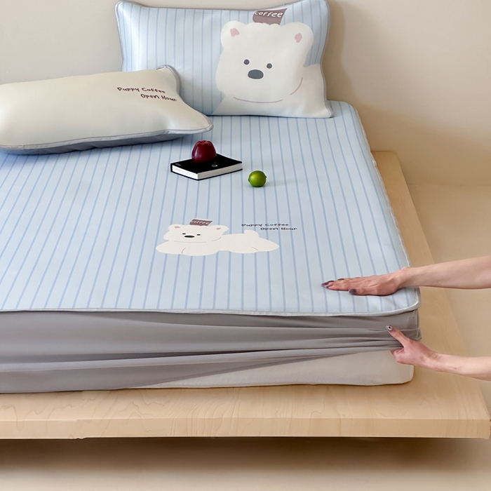 91家纺网 家纺一手货源 找家纺 如一2025A类ins大版数码卡通印花冰丝凉感席 咖啡狗-床笠-床笠