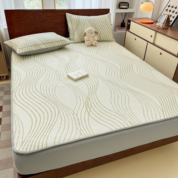 91家纺网 家纺一手货源 找家纺 雅居纺家纺 2025新款A类加厚三明治底简约提花凉感席系列-床笠款 曲线-绿