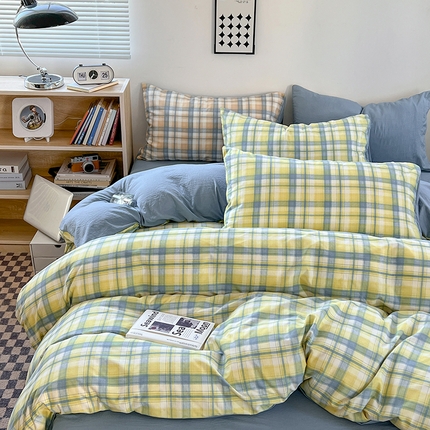 91家纺网 家纺一手货源 找家纺 （总）贝拉梦家纺 2024新款日式简约格子系水洗棉床单款床笠款套件系列-四件套,贝拉-黄,贝拉-咖,简兮-绿,利奥,乔南,瑞贝卡,贝拉-粉