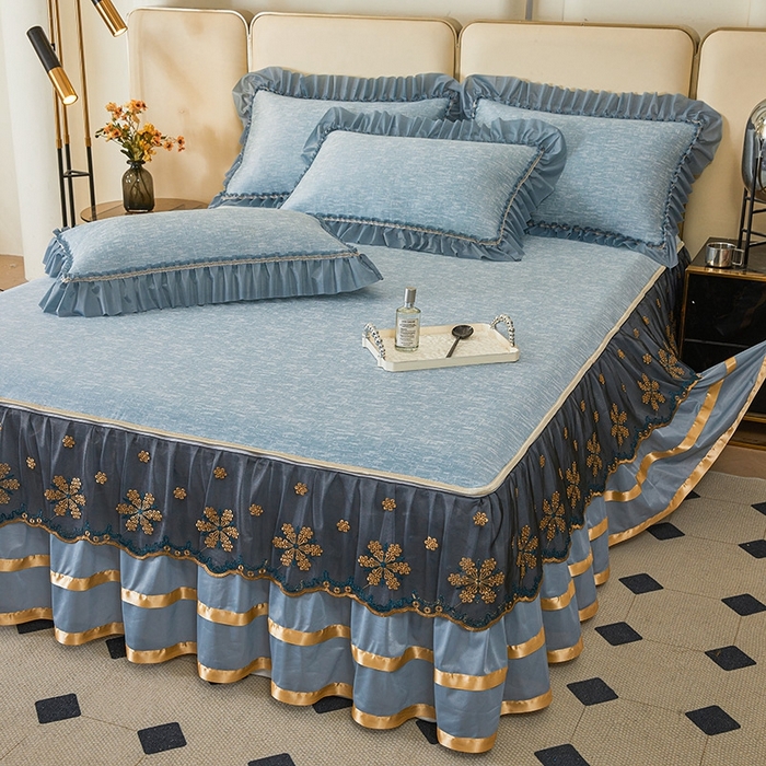 91家纺网 家纺一手货源 找家纺 （总）情恒家纺   2025新款提花PE海洋丝可脱卸床裙席三件套