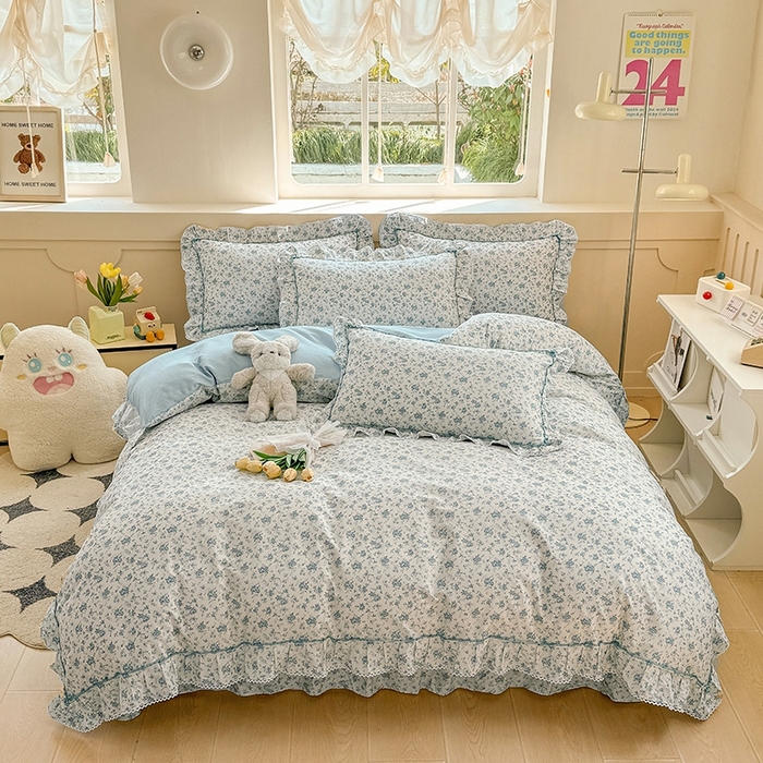 91家纺网 家纺一手货源 找家纺 缦彩家纺  2025新款韩版全棉公主风床单四件套 海韵花