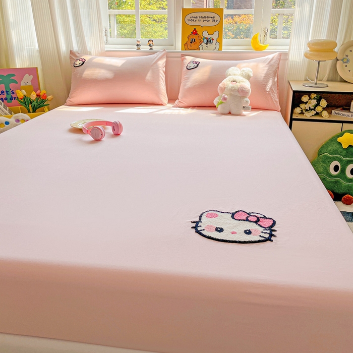 91家纺网 家纺一手货源 找家纺 海岛哥哥 2025春夏新款卡通毛巾绣床笠 粉红小喵-粉